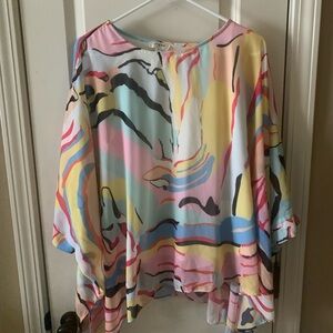 Umgee Pastel Abstract Multicolor Blouse — Pink, Blue, Yellow